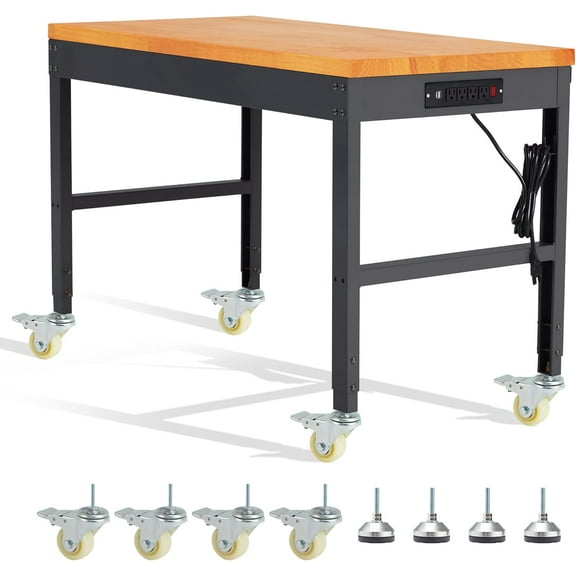 HARIPUL 48" x 24" Adjustable Workbench with Wheels, 2000 LBS Heavy Duty Solid Wood Rolling Work Table, Height Adjustable Standing Desk with Locking Casters for Garage Workshop Home Office