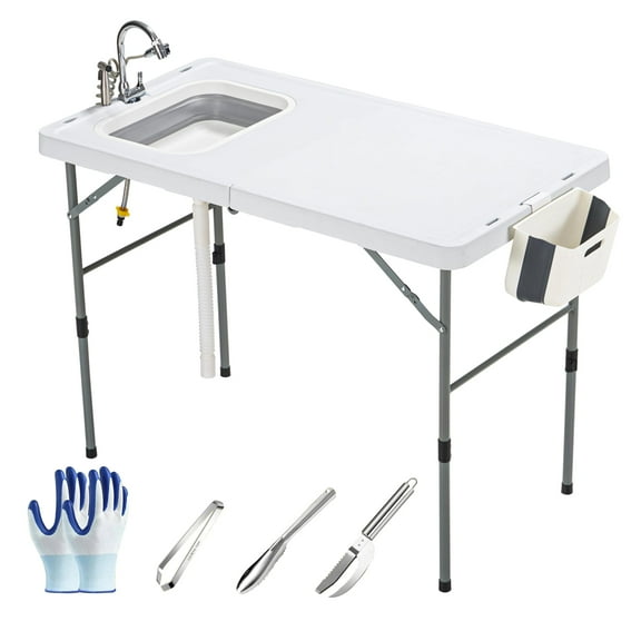 HARIPUL 50'' Folding Fish Cleaning Table with Sink, Portable Camping Sink Station with Faucet and Sprayer, Fish Cleaning Station Fillet Table, Gray