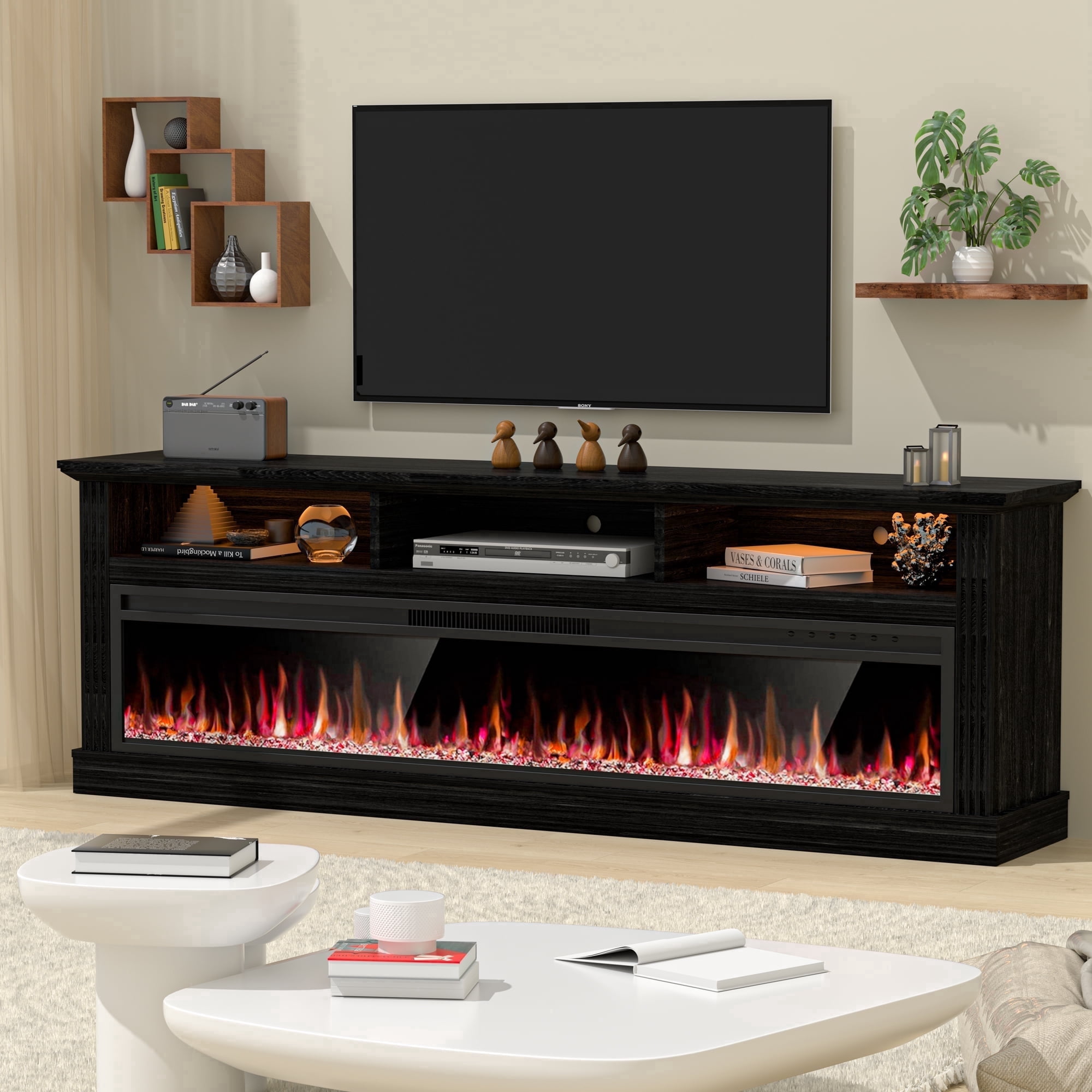 HARIPUL 58" Fireplace TV Stand for TVs Up to 65" with 52" Electric Fireplace,White Entertainment Center with Storage Cabinets,Led Light TV Consoles for Living Room,Black/Crystal Fireplace