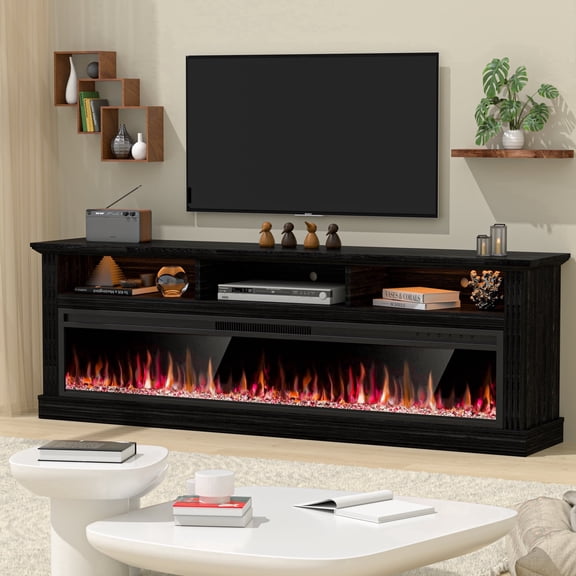 HARIPUL 58" Fireplace TV Stand for TVs Up to 65" with 52" Electric Fireplace,White Entertainment Center with Storage Cabinets,Led Light TV Consoles for Living Room,Black/Crystal Fireplace