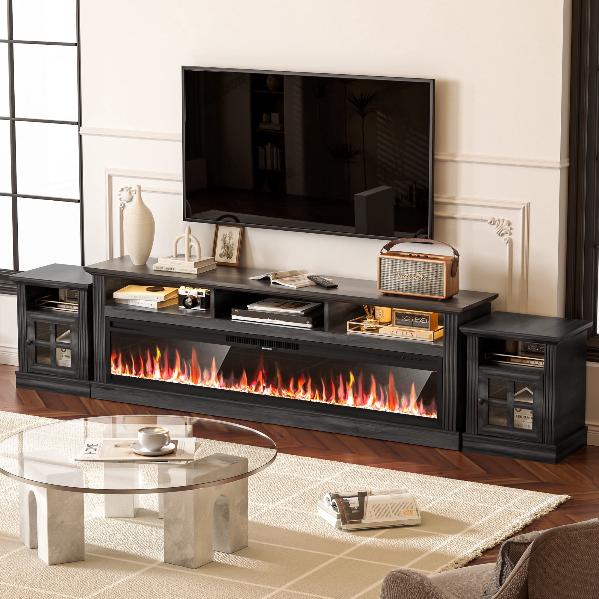 HARIPUL 58" Fireplace TV Stand for TVs Up to 65" with 52" Electric Fireplace,White Entertainment Center with Storage Cabinets,Led Light TV Consoles for Living Room,Black/Crystal Fireplace - Walmart.com