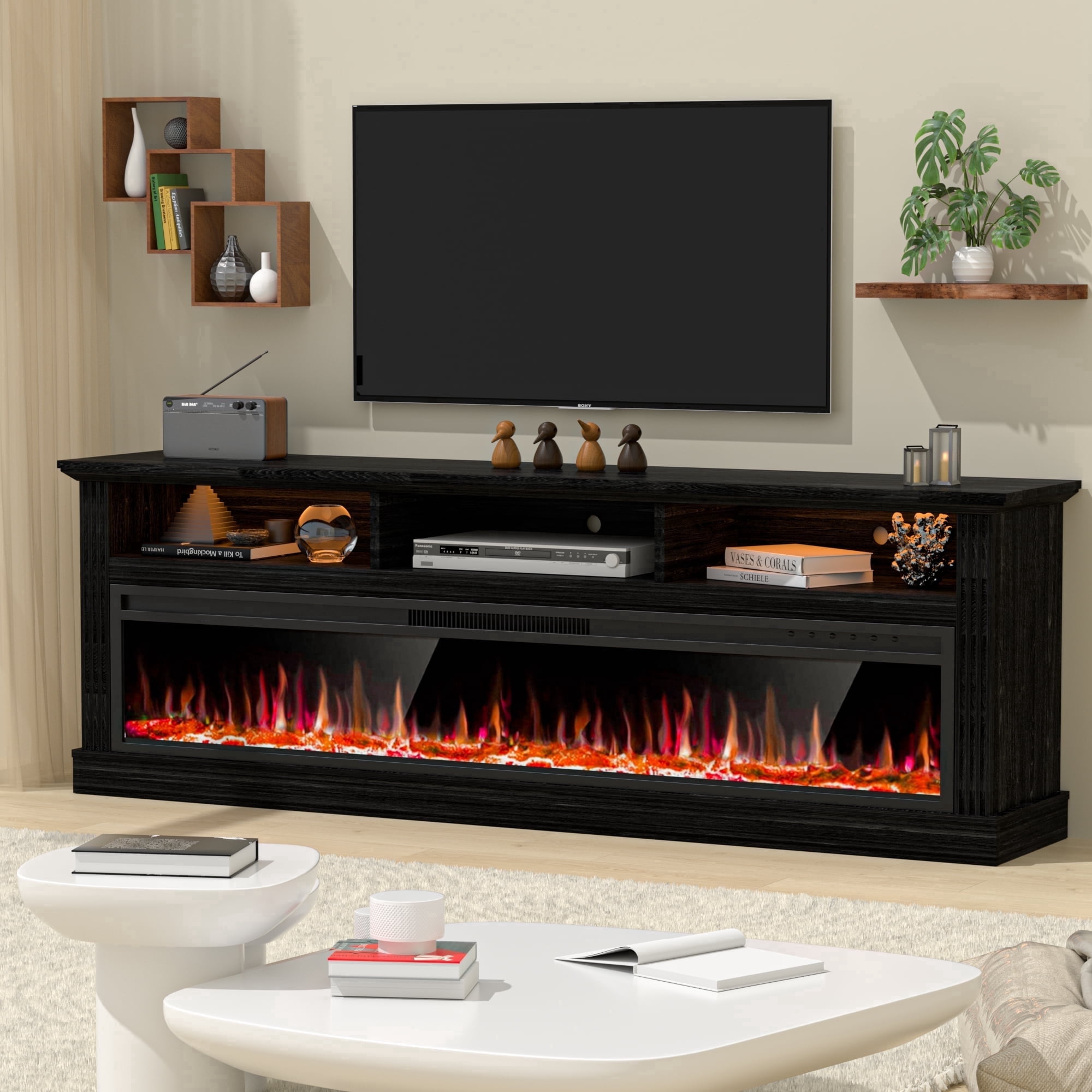 HARIPUL 58" Fireplace TV Stand for TVs Up to 65" with 52" Electric Fireplace,White Entertainment Center with Storage Cabinets,Led Light TV Consoles for Living Room,Black/Log Fireplace