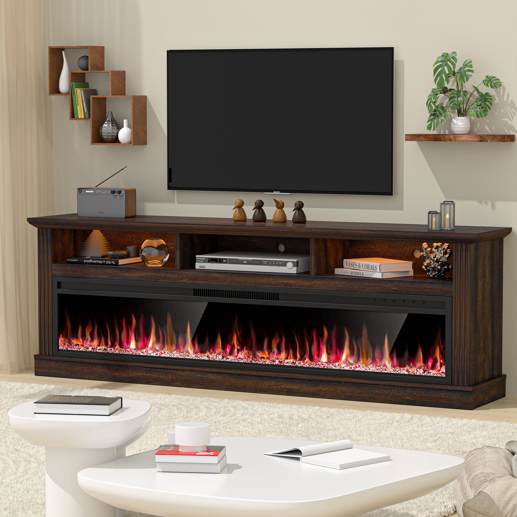 HARIPUL 58" Fireplace TV Stand for TVs Up to 65" with 52" Electric Fireplace,White Entertainment Center with Storage Cabinets,Led Light TV Consoles for Living Room,Brown/Crystal Fireplace