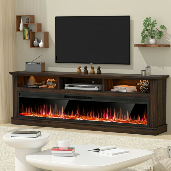 HARIPUL 58" Fireplace TV Stand for TVs Up to 65" with 52" Electric Fireplace,White Entertainment Center with Storage Cabinets,Led Light TV Consoles for Living Room,Brown/Log Fireplace
