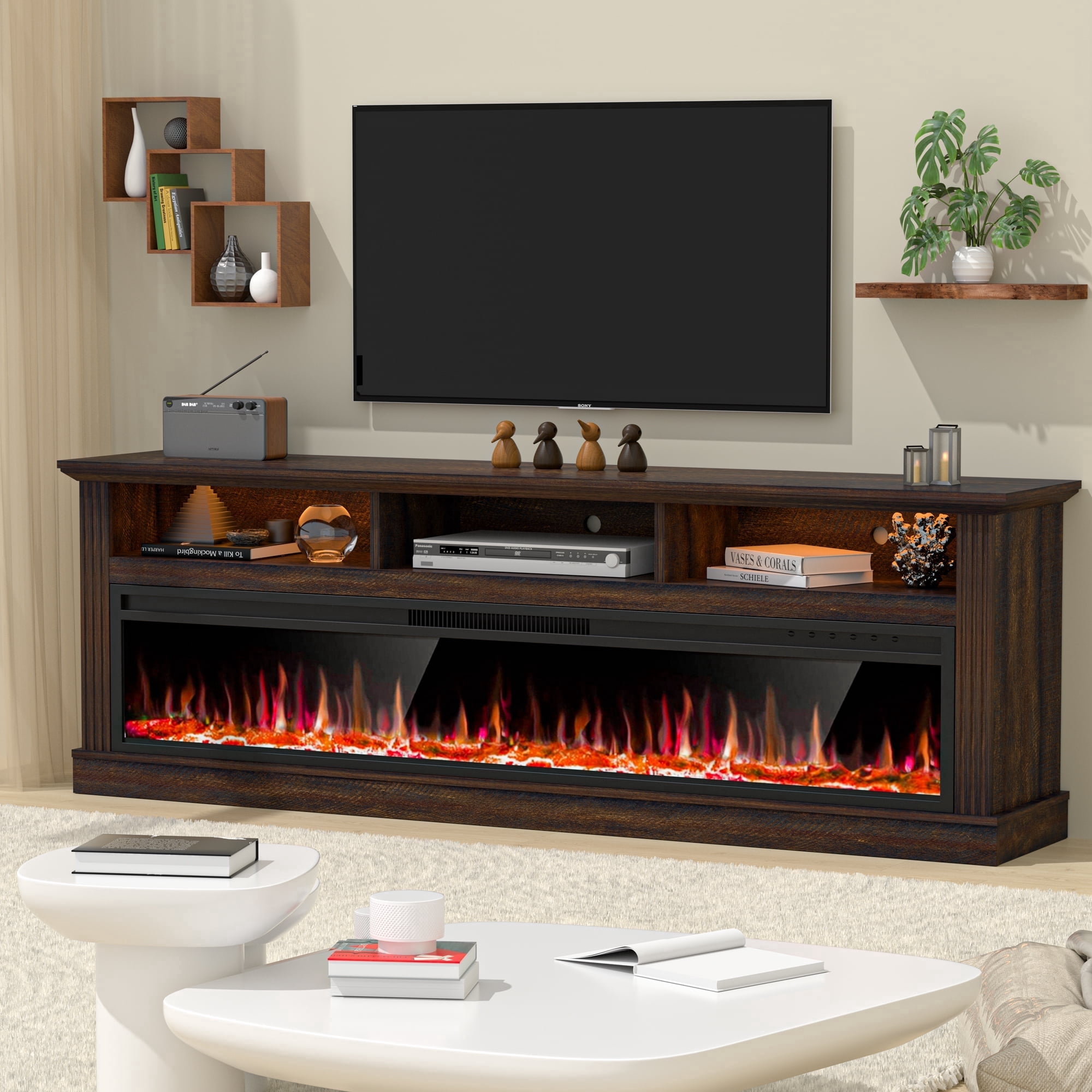 HARIPUL 58" Fireplace TV Stand for TVs Up to 65" with 52" Electric Fireplace,White Entertainment Center with Storage Cabinets,Led Light TV Consoles for Living Room,Brown/Log Fireplace
