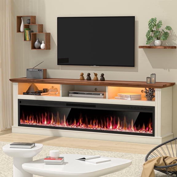 HARIPUL 58" Fireplace TV Stand for TVs Up to 65" with 52" Electric Fireplace,White Entertainment Center with Storage Cabinets,Led Light TV Consoles for Living Room,White/Crystal Fireplace