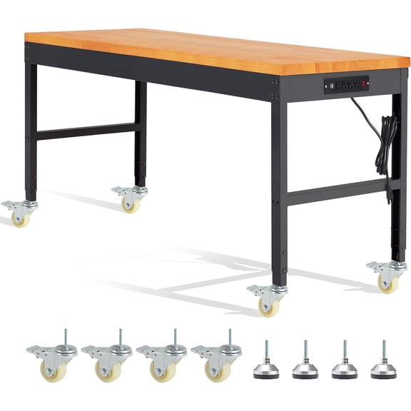 HARIPUL 60" Adjustable Workbench with Wheels, 2000 LBS Heavy Duty Solid Wood Rolling Work Table, Height Adjustable Standing Desk with Locking Casters for Garage Workshop Home Office