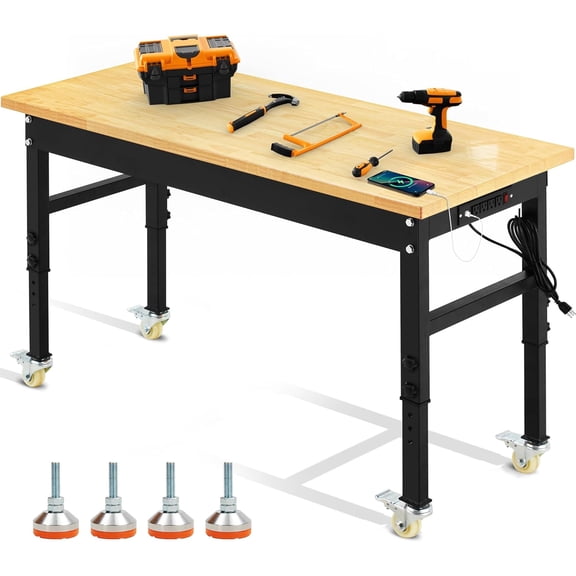 HARIPUL 60 inch Adjustable Workbench, 2000 LBS Heavy Duty Workstation with Power Outlets & USB Ports, Solid Rubber Wood Top Work Table for Garage, Workshop, Office, Commercial Use
