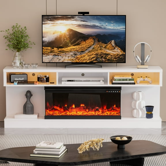 HARIPUL 70" 3-Sided Fireplace TV Stand for TVs Up to 80", Entertainment Center with 34" Electric Fireplace，APP Control Led Light TV Consoles for Living Room, White & Brown