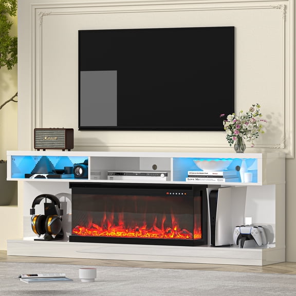 HARIPUL 70" 3-Sided Fireplace TV Stand for TVs Up to 80", Entertainment Center with 34" Electric Fireplace,APP Control Led Light TV Consoles for Living Room, White & Brown
