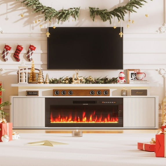 HARIPUL 70" Fireplace TV Stand for TVs Up to 80" with 36" Electric Fireplace, LED Light Entertainment Center, Dual-Layer Media Console Table with Storage Cabinet, Living Room TV Console, White