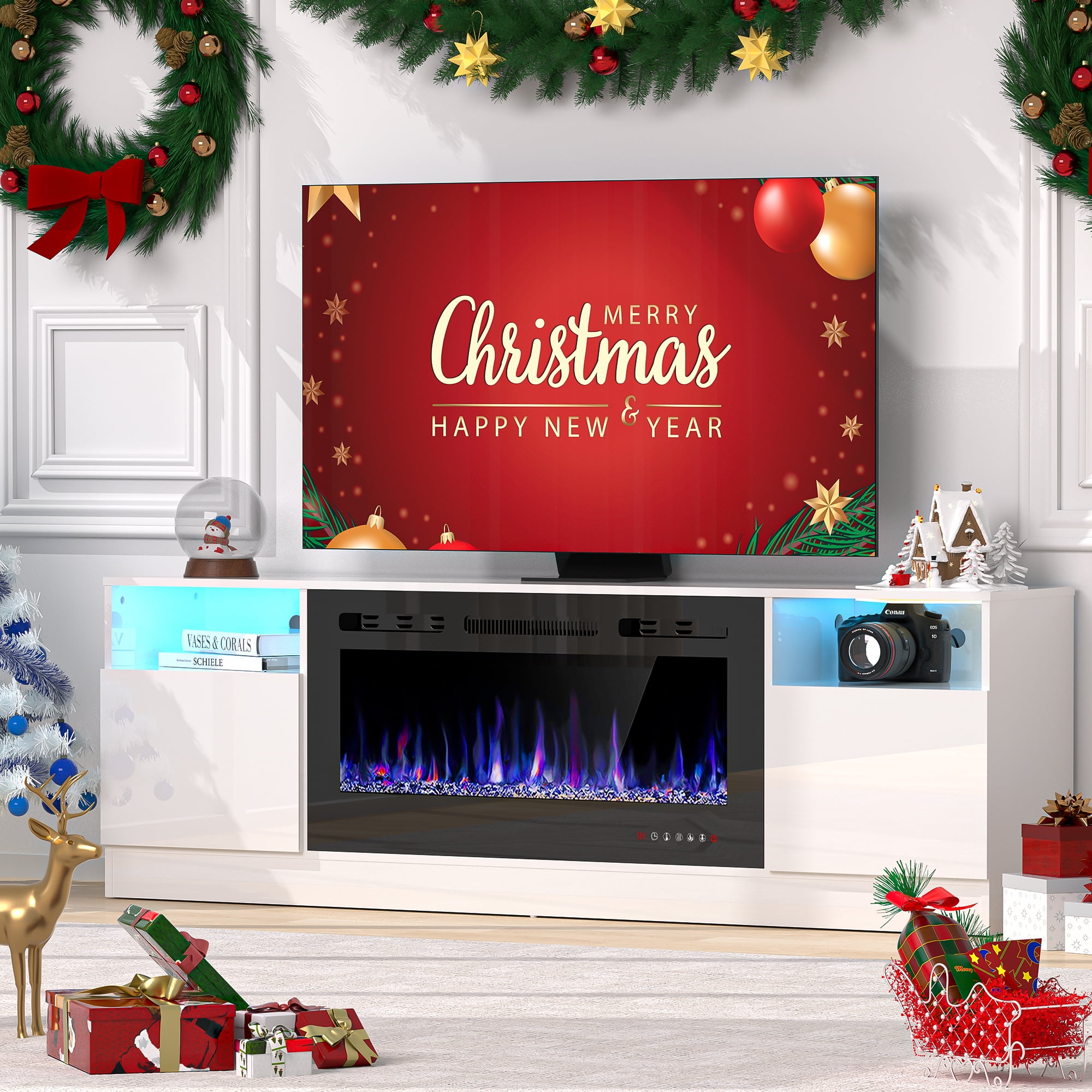 HARIPUL 70" Fireplace TV Stand for TVs Up to 80" with 36" Electric Fireplace, TV Console for The Living Room, LED Light Entertainment Center, Storage Cabinet, Media Console Table, White