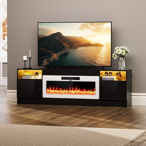 HARIPUL 70” TV Stand with 36" Electric Fireplace for TVs Up to 80 inch, LED Light Entertainment Center with High Gloss Door, Modern Media Console Cabinet for Living Room