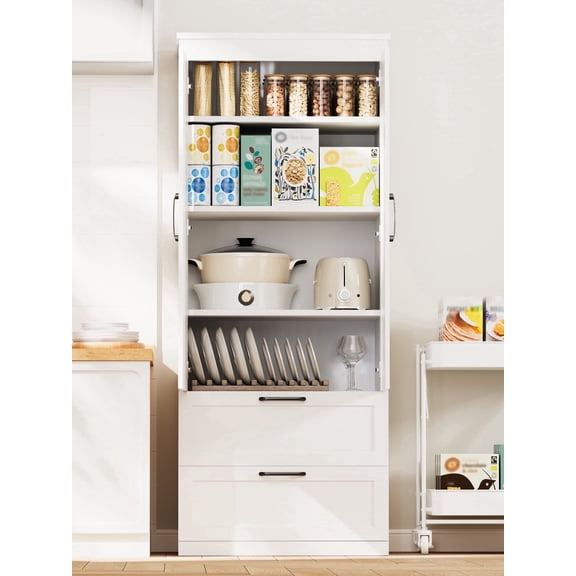 HARIPUL 71” H Kitchen Pantry Cabinet, 4-Tier Farmhouse Storage Cabinet with Barn Doors, 2 Drawers, Adjustable Shelf, Freestanding Cupboard for Kitchen, Living Room, Bathroom