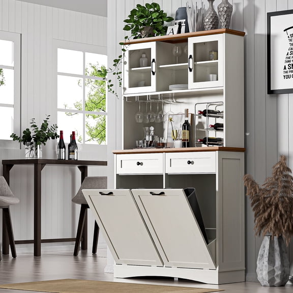 HARIPUL 2-in-1 Kitchen Trash Cabinet & Panty Cabinet, 26 Gallon Garbage Can, Freestanding Double Tilt Out Storage Cabinet w/ Shelves for Kitchen & Living Room, Antique White