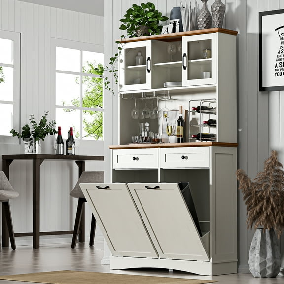 HARIPUL 2-in-1 Kitchen Trash Cabinet & Panty Cabinet, 26 Gallon Garbage Can, Freestanding Double Tilt Out Storage Cabinet w/ Shelves for Kitchen & Living Room, Antique White