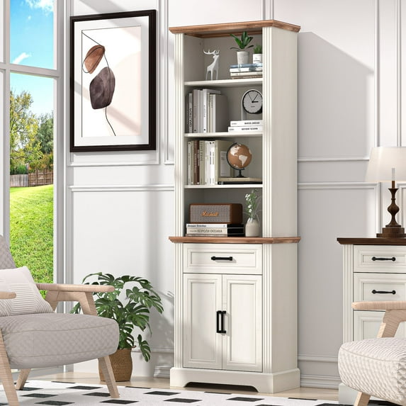 HARIPUL 72" Tall Bookcase Floor Standing with Drawer and Door, 6 Tier Wooden Storage Bookshelf for Living Room Home Office, Antique White
