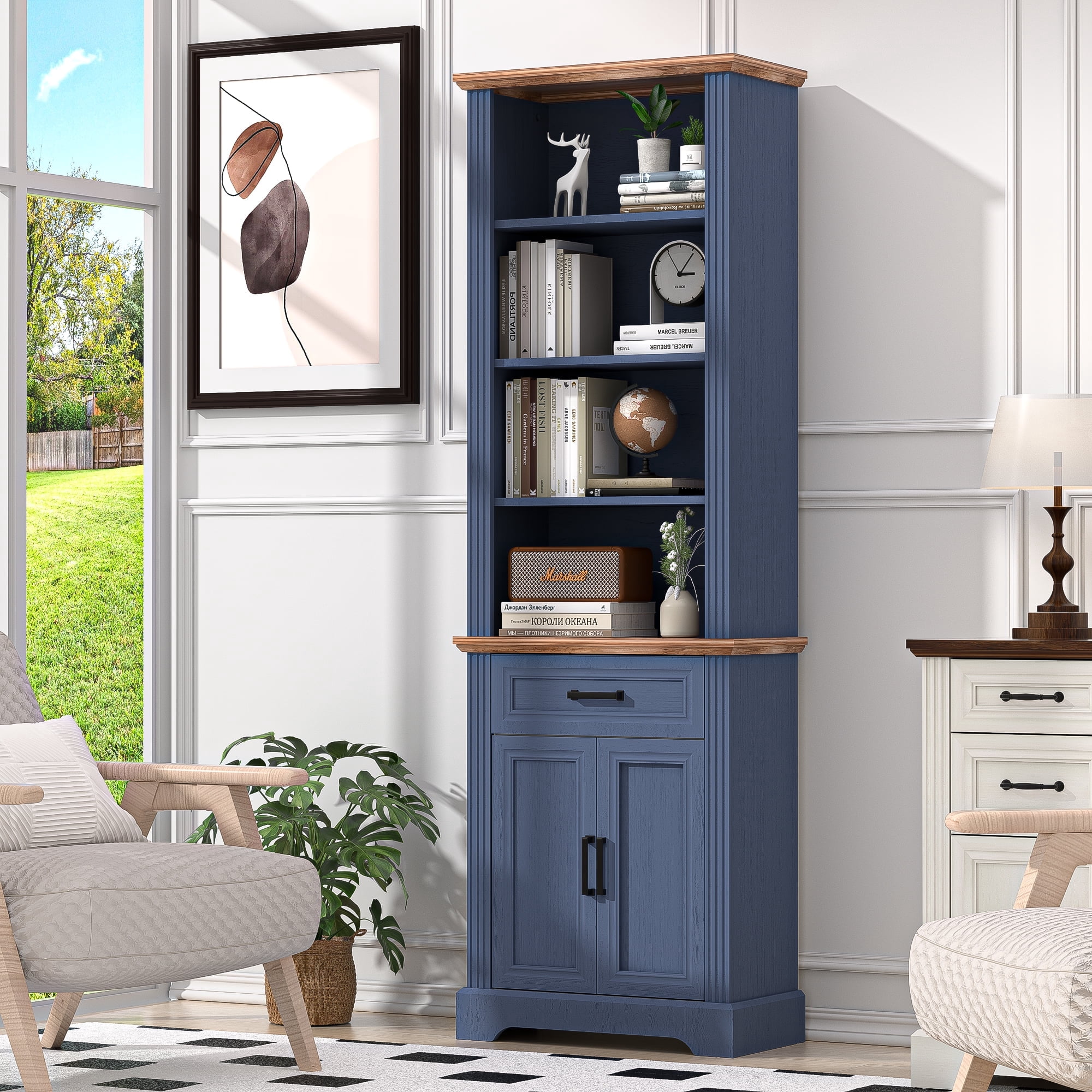 HARIPUL 72" Tall Bookcase Floor Standing with Drawer and Door, 6 Tier Wooden Storage Bookshelf for Living Room Home Office, Vintage Blue