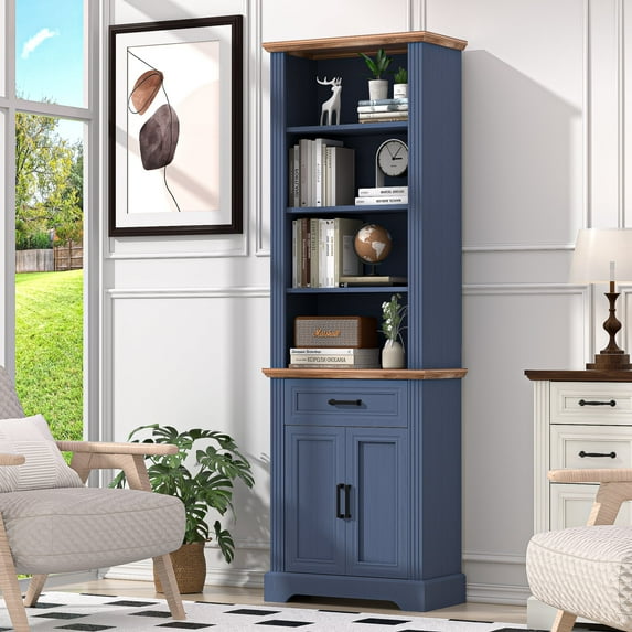 HARIPUL 72" Tall Bookcase Floor Standing with Drawer and Door, 6 Tier Wooden Storage Bookshelf for Living Room Home Office, Vintage Blue