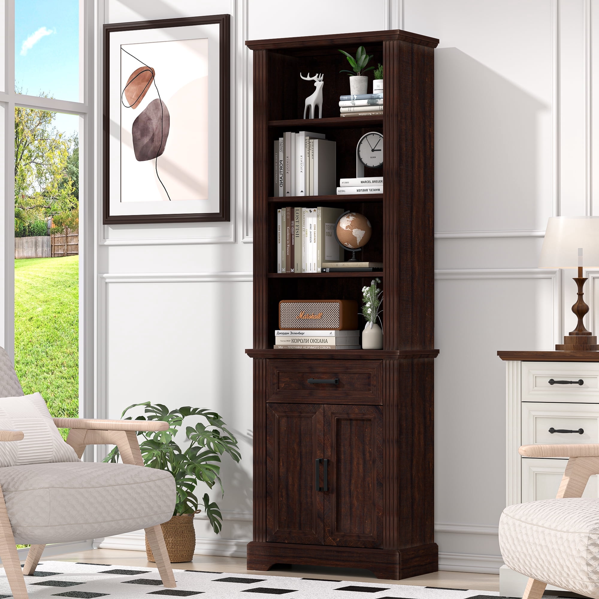 HARIPUL 72" Tall Bookcase Floor Standing with Drawer and Door, 6 Tier Wooden Storage Bookshelf for Living Room Home Office, Vintage Brown
