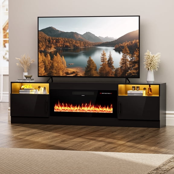 HARIPUL 80” TV Stand with 36" Electric Fireplace for TVs Up to 90 inch, LED Light Entertainment Center with High Gloss Door, Modern Media Console Cabinet for Living Room
