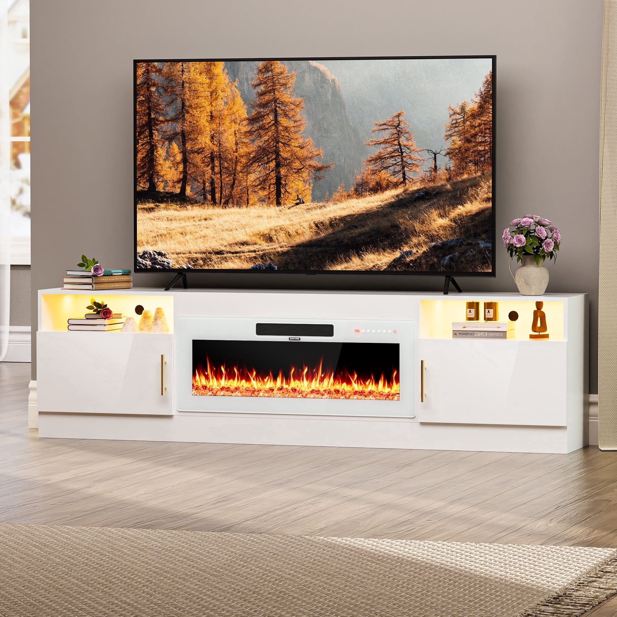 HARIPUL 80” TV Stand with 36" Electric Fireplace for TVs Up to 90 inch, LED Light Entertainment Center with High Gloss Door, Modern Media Console Cabinet for Living Room