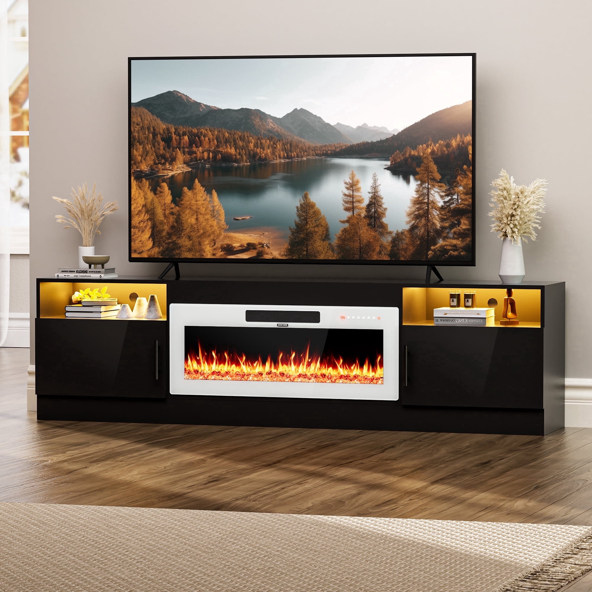 HARIPUL 80” TV Stand with 36" Electric Fireplace for TVs Up to 90 inch, LED Light Entertainment Center with High Gloss Door, Modern Media Console Cabinet for Living Room
