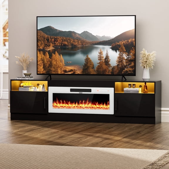HARIPUL 80” TV Stand with 36" Electric Fireplace for TVs Up to 90 inch, LED Light Entertainment Center with High Gloss Door, Modern Media Console Cabinet for Living Room