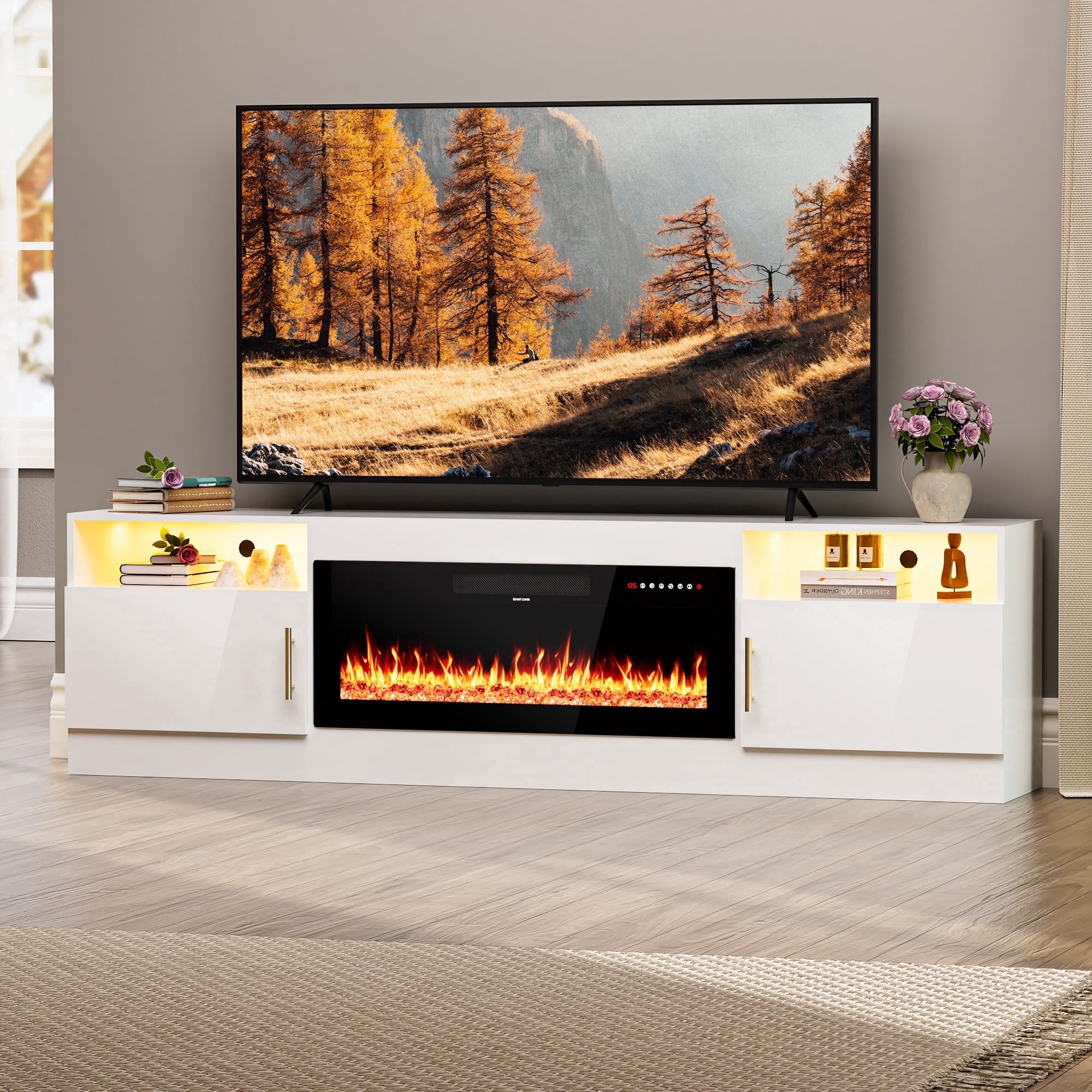 HARIPUL 80” TV Stand with 36" Electric Fireplace for TVs Up to 90 inch, LED Light Entertainment Center with High Gloss Door, Modern Media Console Cabinet for Living Room