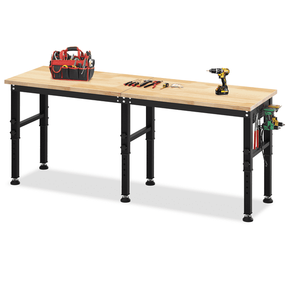 HARIPUL 96 inch Adjustable Workbench, 2000 LBS Heavy Duty Workstation with Power Outlets & Pegboard, Solid Rubber Wood Top Work Table for Garage, Workshop, Office, Commercial Use