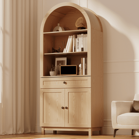HARIPUL Arched Pantry Cabinet, 71" Kitchen Pantry Cabinet with Smooth Gliding Drawers and Adjustable Shelf, Wood Storage Cabinets Anti-Tipping, Modern Farmhouse for Living Room, Dining Room