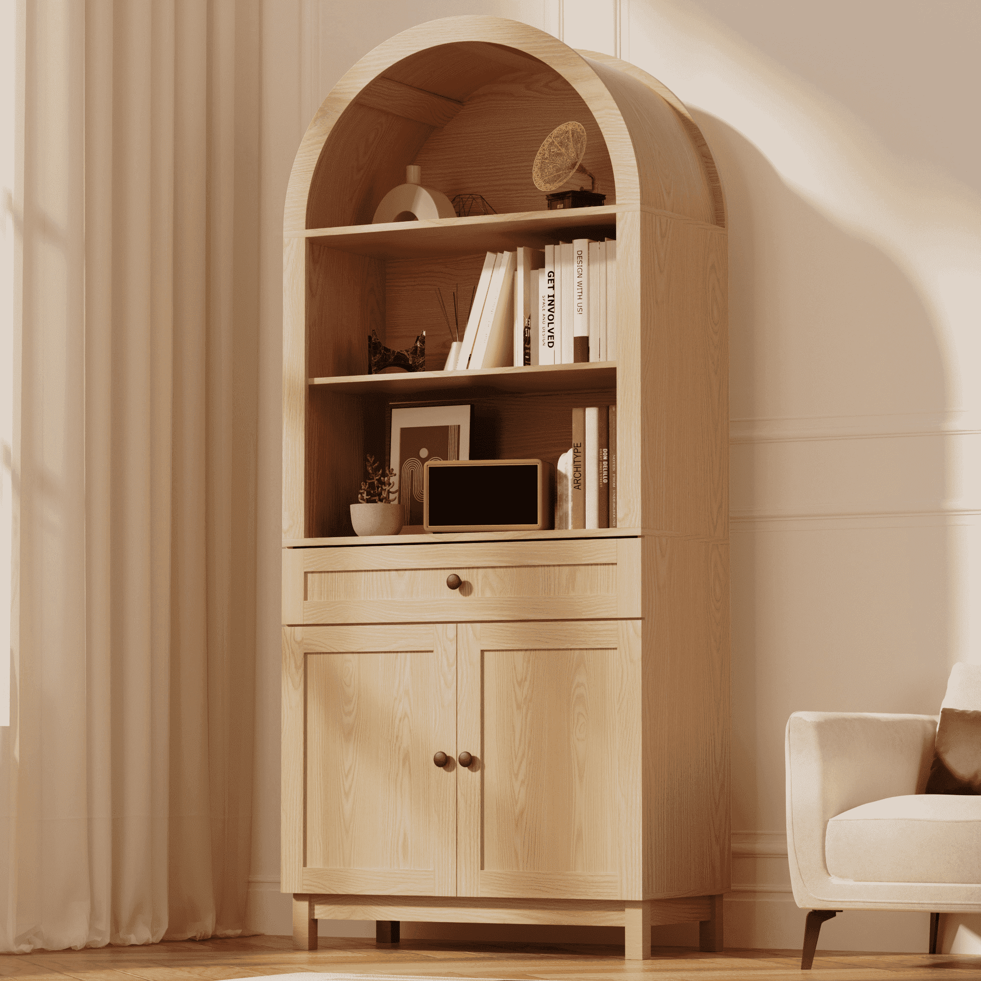 HARIPUL Arched Pantry Cabinet, 71" Kitchen Pantry Cabinet with Smooth Gliding Drawers and Adjustable Shelf, Wood Storage Cabinets Anti-Tipping, Modern Farmhouse for Living Room, Dining Room