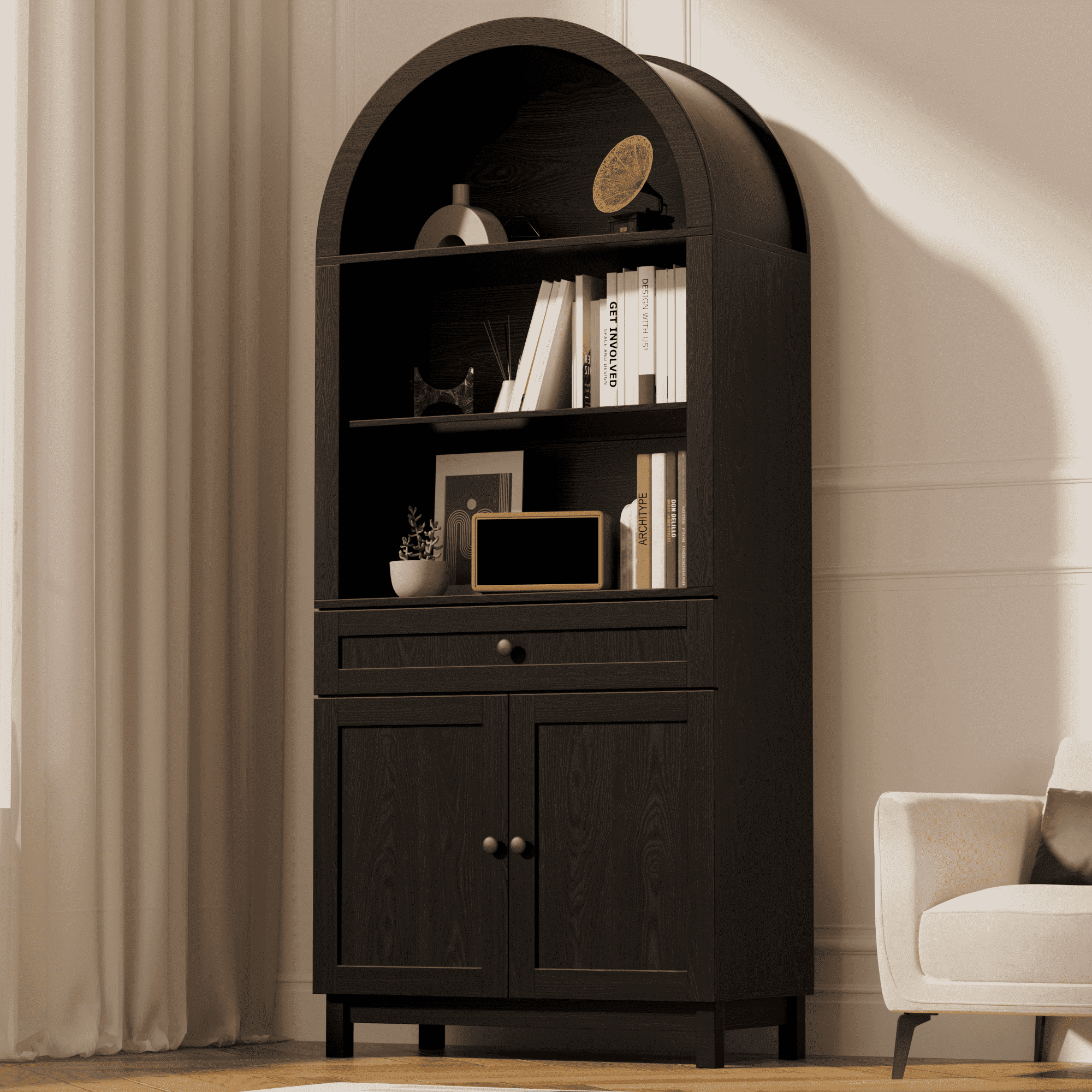 HARIPUL Arched Pantry Cabinet, 71" Kitchen Pantry Cabinet with Smooth Gliding Drawers and Adjustable Shelf, Wood Storage Cabinets Anti-Tipping, Modern Farmhouse for Living Room, Dining Room