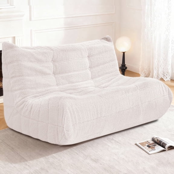 HARIPUL Bean Bag Loveseat Chair, Memory Foam Filled Teddy Fabric Sofa for Adults, Fireside Lounge Chair for Home, Apartment or Gaming Room, Beige