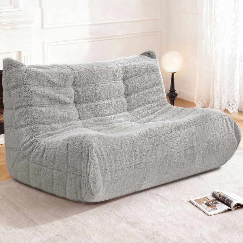 HARIPUL Bean Bag Loveseat Chair, Memory Foam Filled Teddy Fabric Sofa for Adults, Fireside Lounge Chair for Home, Apartment or Gaming Room, LightGrey