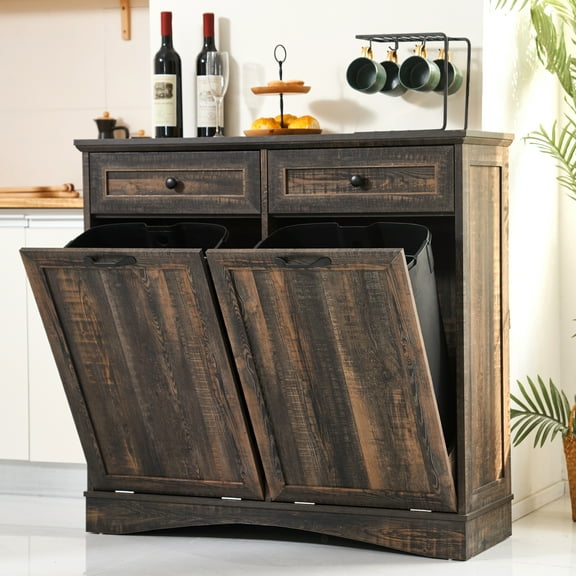 HARIPUL Double Tilt Out Trash Cabinet 26 Gallon Waste Bins Hidden Trash Bin w/ Hiddles for Kitchen, Gray