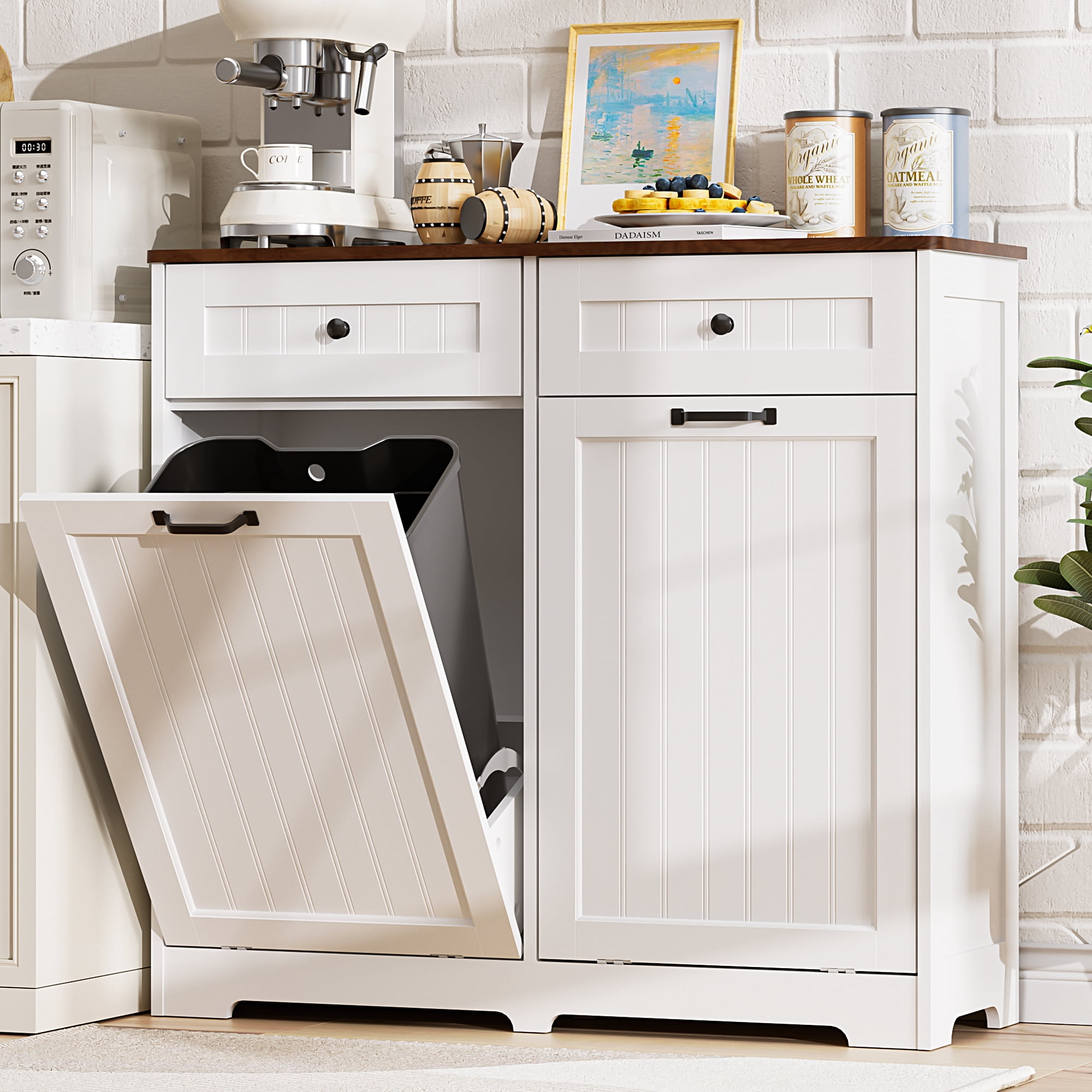 HARIPUL Double Tilt Out Trash Can Cabinet for 2 Bins, Hidden Garbage Can Cabinet with Drawers, Wooden Trash Bin Cabinet, 10 Gallon Trash Can Holder Cabinet for Kitchen, White