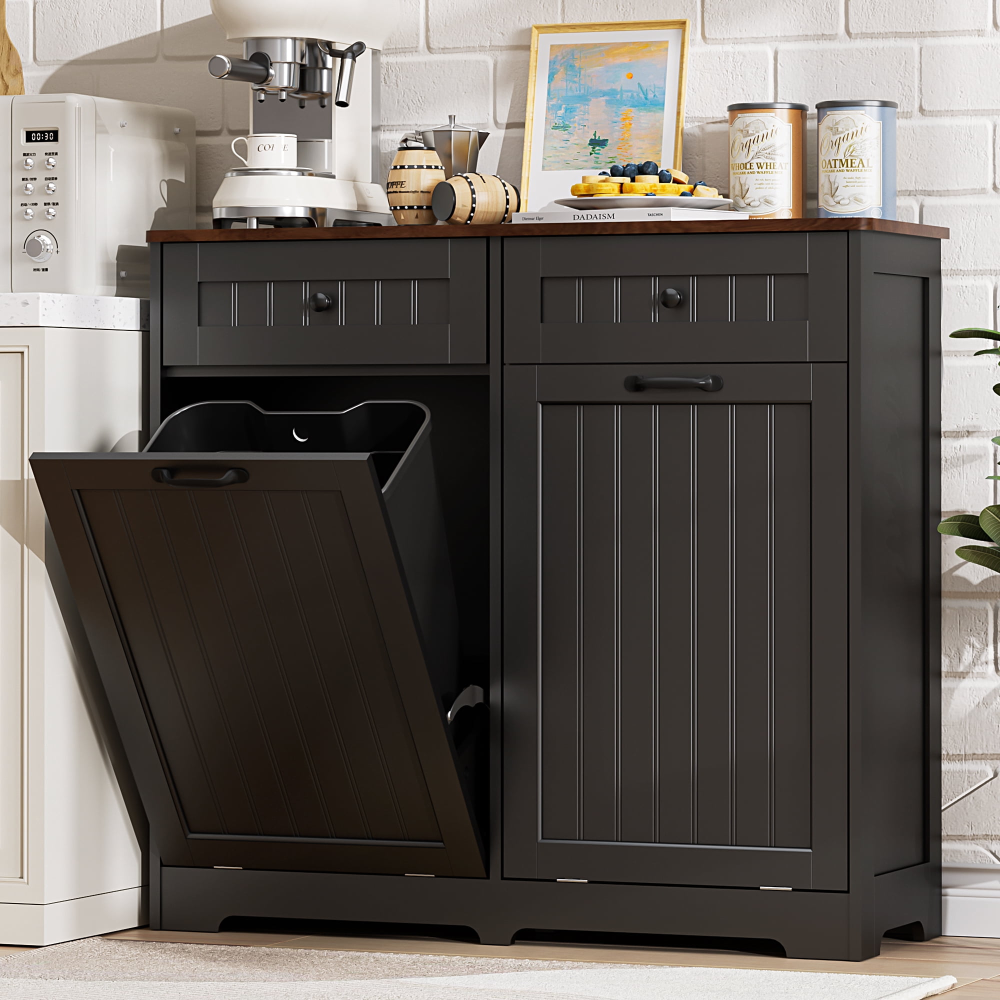 HARIPUL Double Tilt Out Trash Can Cabinet for 2 Bins, Hidden Garbage Can Cabinet with Drawers, Wooden Trash Bin Cabinet, 10 Gallon Trash Can Holder Cabinet for Kitchen, White