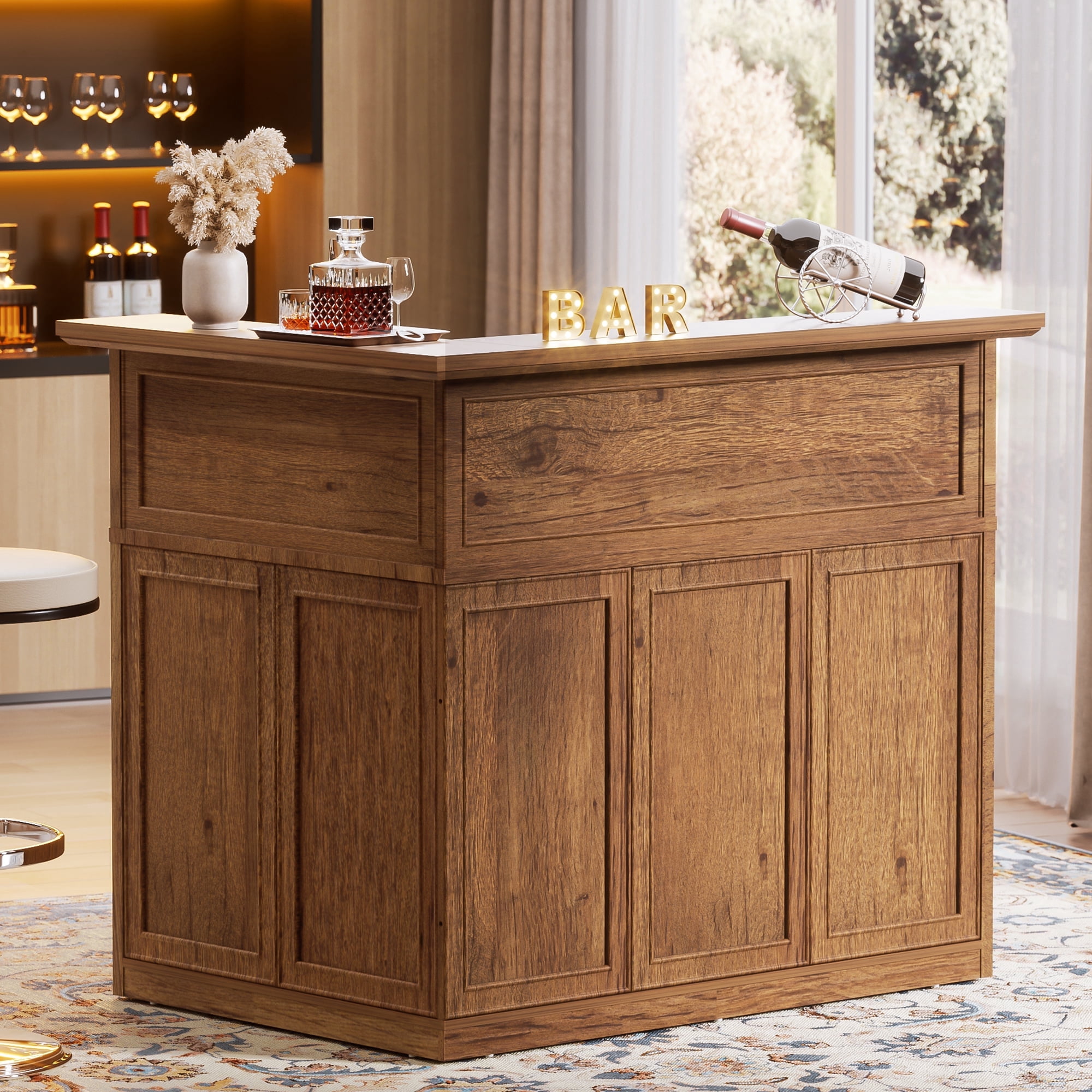 HARIPUL L-Shaped Home Bar Unit, 4-Tier Corner Bar Cabinet with Large Storage Space, Liquor Wine Cabinet & Reception Desk for Home Pub, 37.52"D x 52.44"W x 43.94"H, Wood