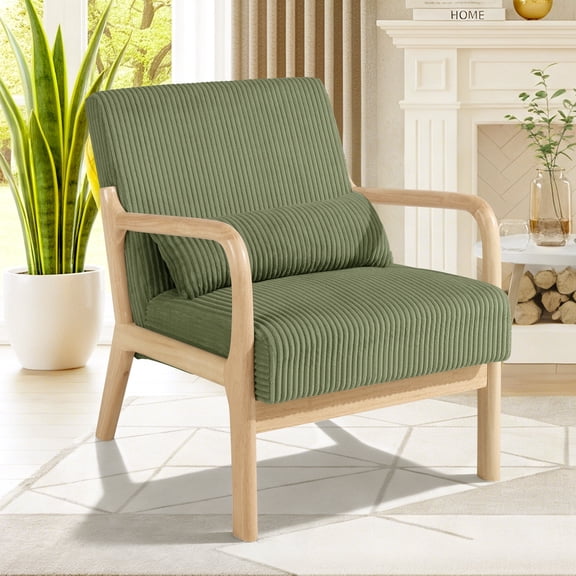 HARIPUL Mid-Century Corduroy Armchair with Lumbar Pillow, Solid Wood Frame High-Back Accent Chair for Living Room, Bedroom, Green