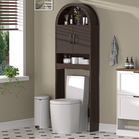 HARIPUL Over Toilet Storage Cabinet, Bathroom Space Saver Organizer with Doors and Shelves, Freestanding, Coffee