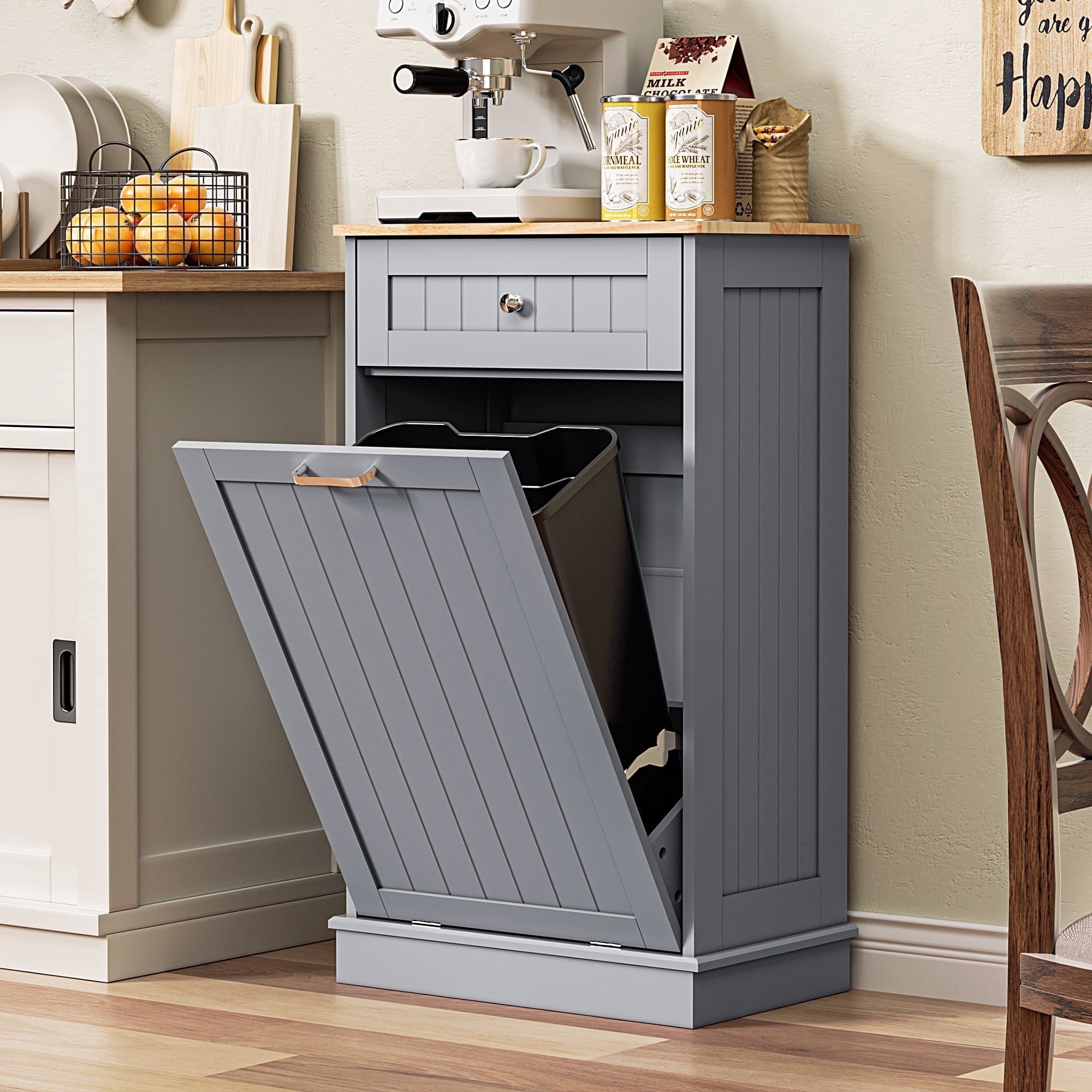 HARIPUL Single Tilt Out Trash Cabinet for 13 Gallon Waste Bin, Free Standing Kitchen Trash Can Cabinet with Drawers, Blue