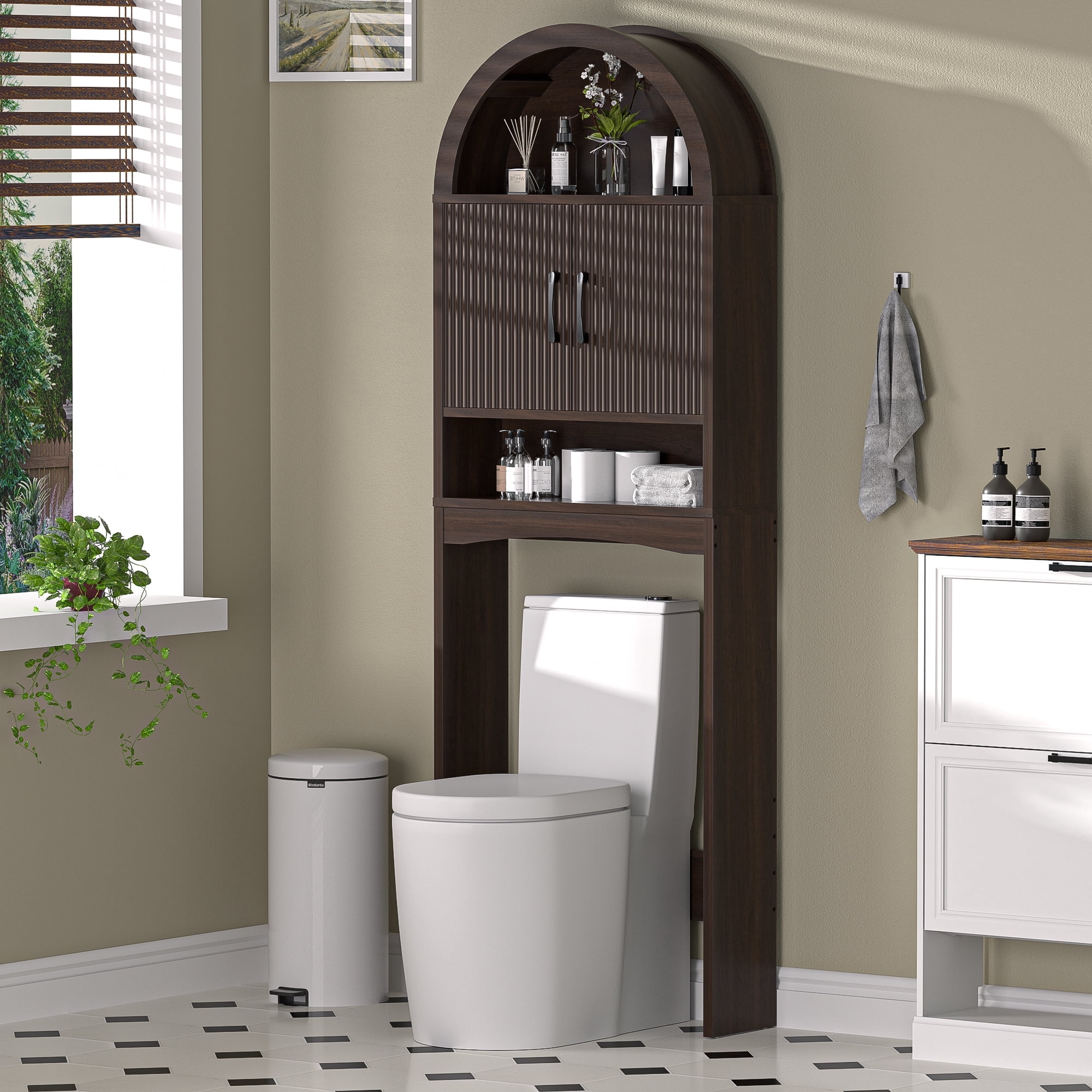 HARIPUL Over Toilet Storage Cabinet, Bathroom Space Saver Organizer with Doors and Shelves, Freestanding, Black