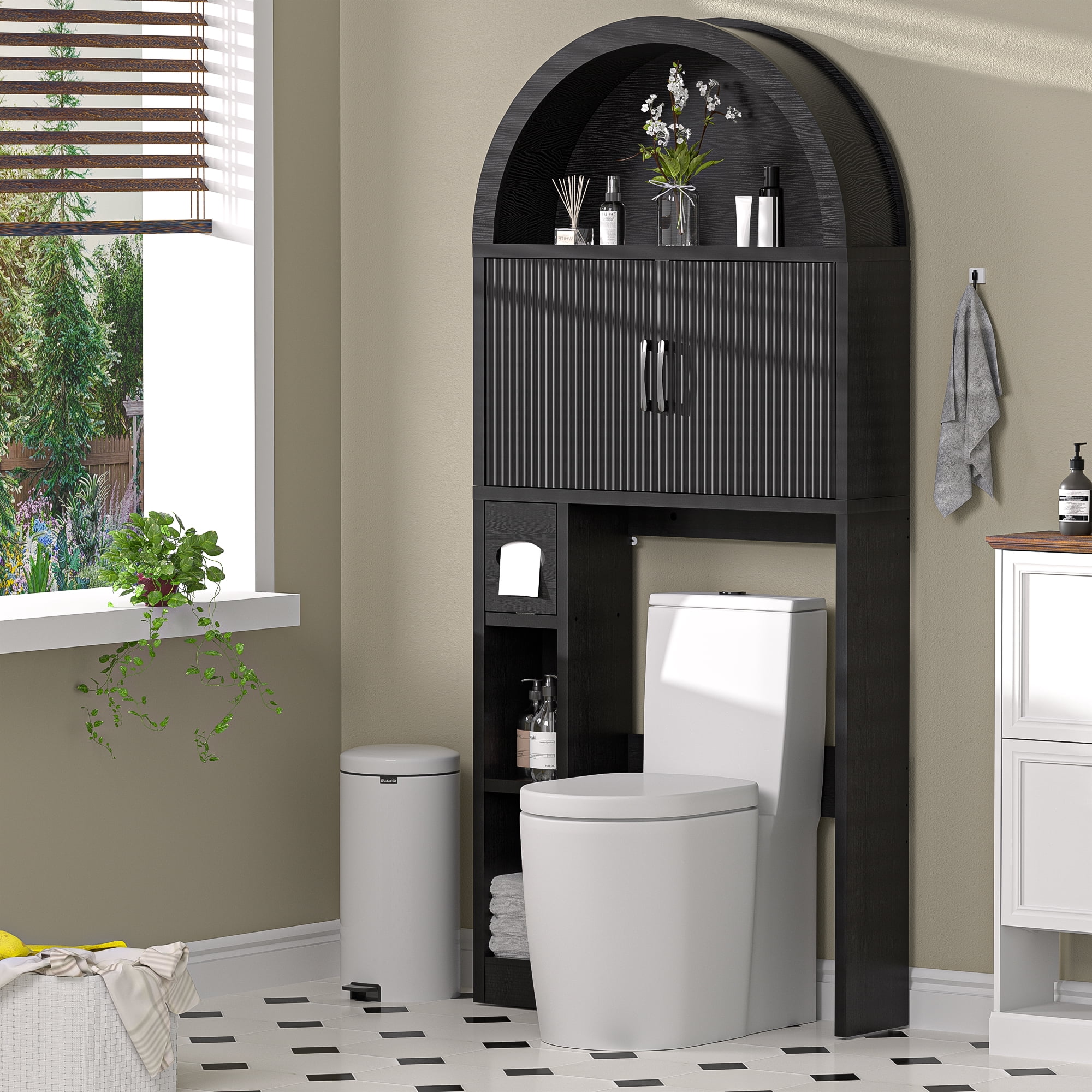 HARIPUL Over The Toilet Storage Cabinet w/ Unique Wood Grain & Arc Design, Freestanding Bathroom Shelf Organizer Space Saver w/ Doors & Anti-Tip Device, Black