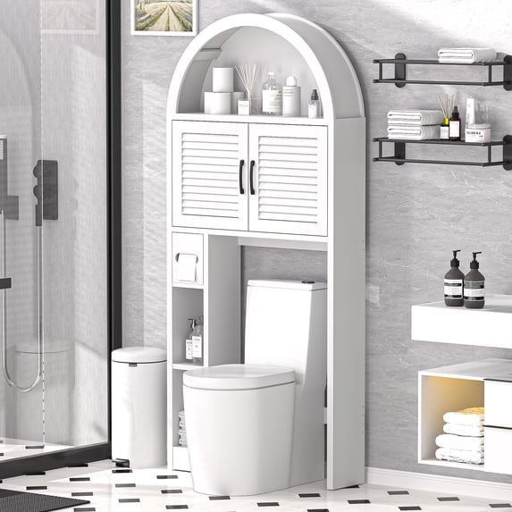 HARIPUL Over The Toilet Storage Cabinet with Louvered Doors, Freestanding Bathroom Shelf Organizer Space Saver with Anti-Tip Device, White