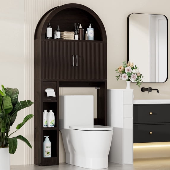 HARIPUL Over The Toilet Storage Cabinet w/ Unique Wood Grain & Arc Design, Freestanding Bathroom Shelf Organizer Space Saver w/ Doors & Anti-Tip Device, Coffee Color