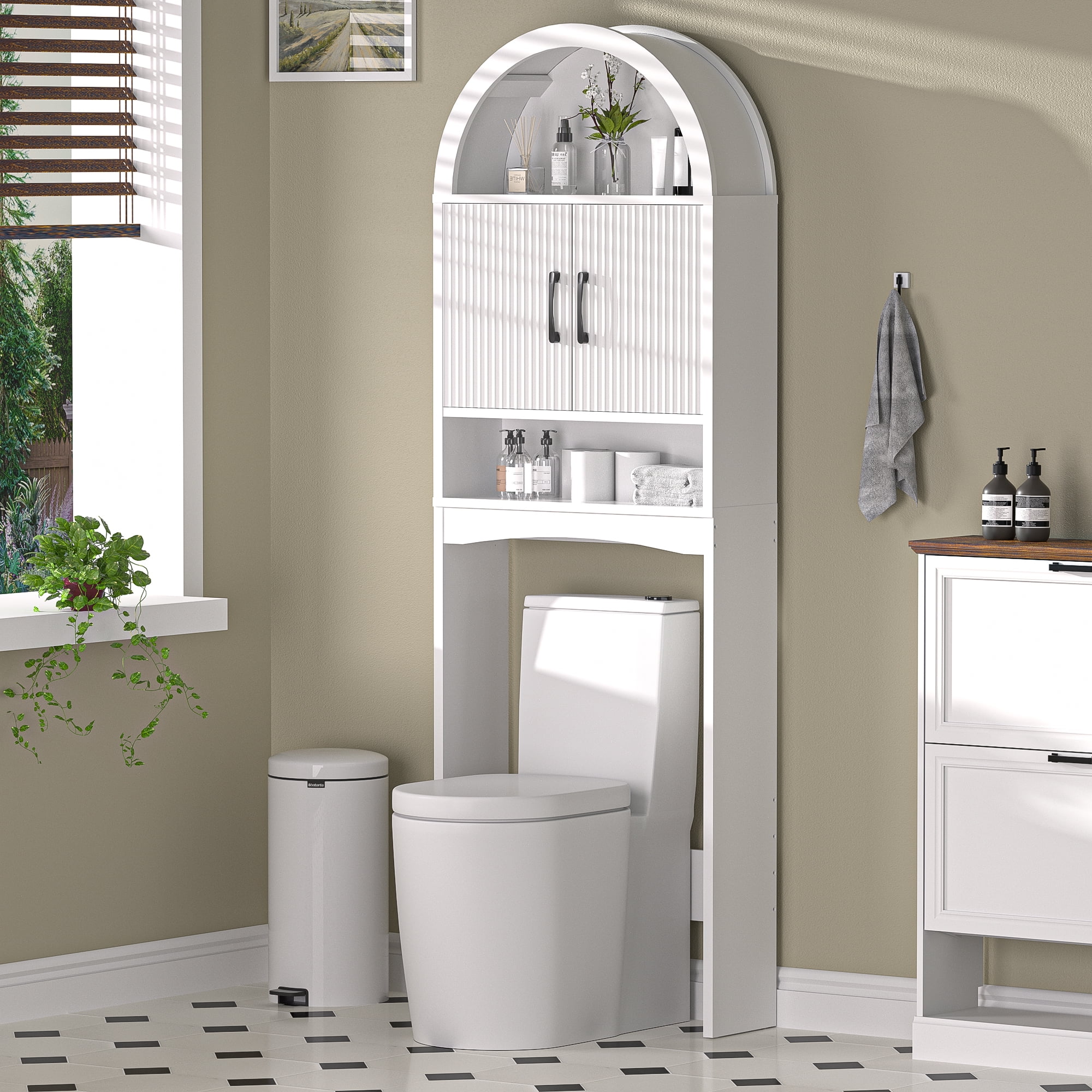 HARIPUL Over Toilet Storage Cabinet, Bathroom Space Saver Organizer with Doors and Shelves, Freestanding, Gray