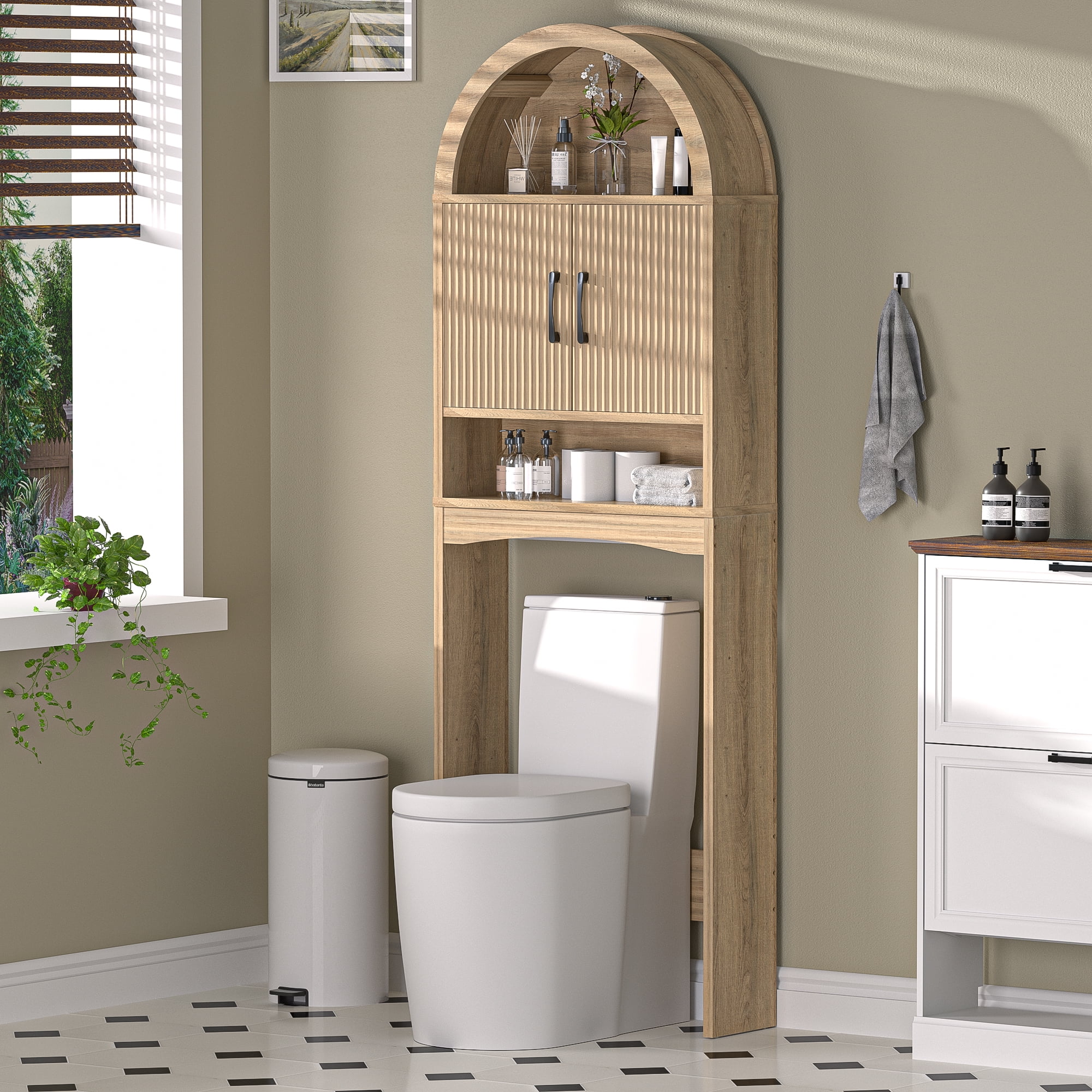 HARIPUL Over Toilet Storage Cabinet, Bathroom Space Saver Organizer with Doors and Shelves, Freestanding,  Wood Color