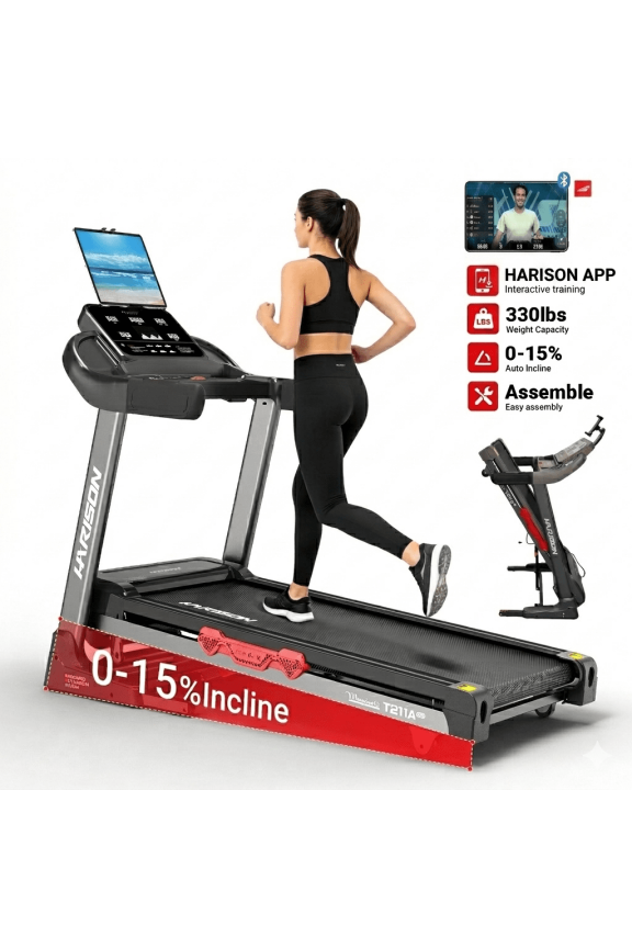 HARISON Foldable Treadmill for Home 330 lb Capacity, Treadmill with Auto Incline, Folding Treadmill with Brushless Motor, Running Machine with HARISON App Control