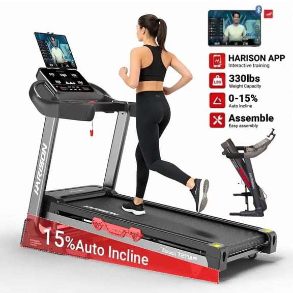 HARISON Foldable Treadmill for Home, 330 lb Capacity Treadmill with Auto Incline, Running Machine with HARISON App Control